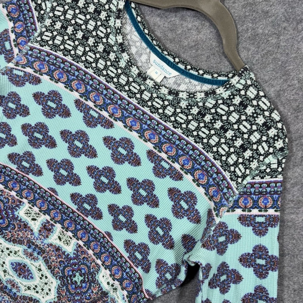 Sundance Thermal Waffle Knit Top Womens Sz M Blue Geometric Boho